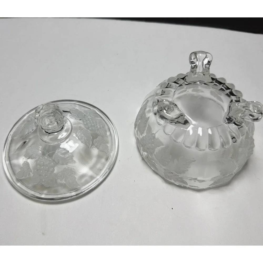 Vintage Westmoreland Paneled Grape Leaf Clear Glass Footed Candy Dish with Lid